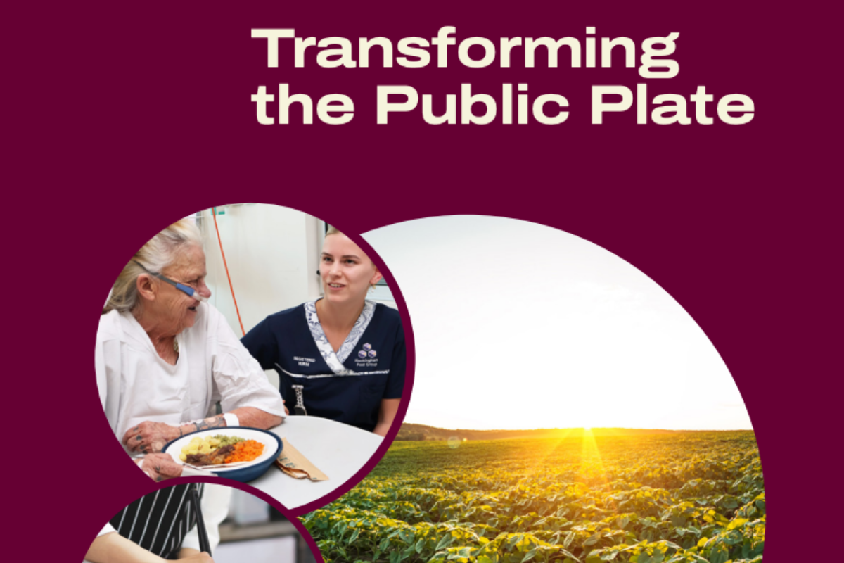 Banner-style graphic with a deep maroon background and the heading “Transforming the Public Plate” at the top. Below, overlapping circular images show an elderly woman eating a meal while speaking with a healthcare worker, alongside a sunlit agricultural field.